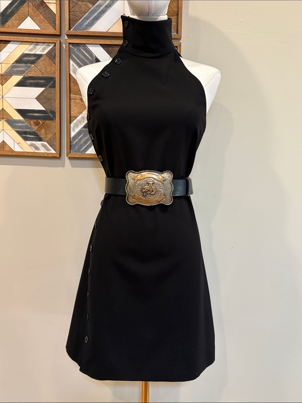 Vintage Ralph Lauren Collection Black Nautical Button High Neck Mini Dress sz 8